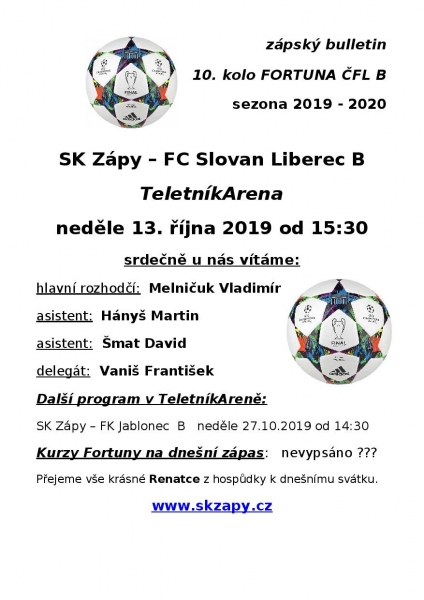 Program SK Zápy - FC Slovan Liberec B
