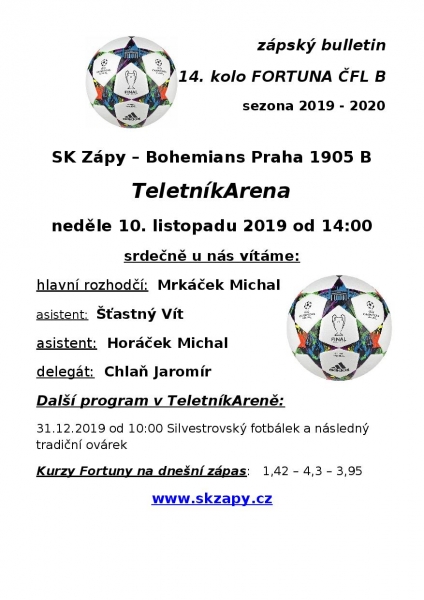Program SK Zápy - Bohemians Praha 1905 B